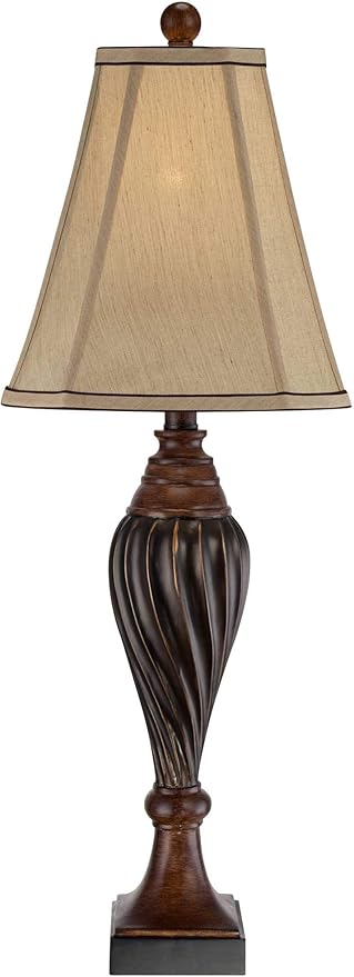 Regency Hill Traditional Style Table Lamp 28.5" Tall Carved Two Tone Brown Urn Shaped Ball Beige Fabric Rectangular Shade for Living Room Bedroom House Bedside Nightstand Home Office