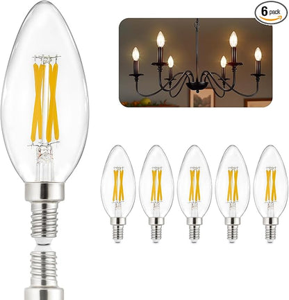 Depuley LED Light Bulbs E12: Candelabra Candle Light Bulb 4W Equivalent 40W Incandescent - LED Chandelier Light Bulbs 2700K Soft White - C35 Clear Filament Bulb E12 Base 500 LM 90+ CRI 6 Pack