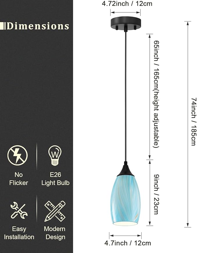 ANYLOVE Vintage Art Blue-Gold Pendant Lighting,3-Pack Hand Glass Hanging Light Fixture,Adjustable Cord for Kitchen,Hallway,Dining Room