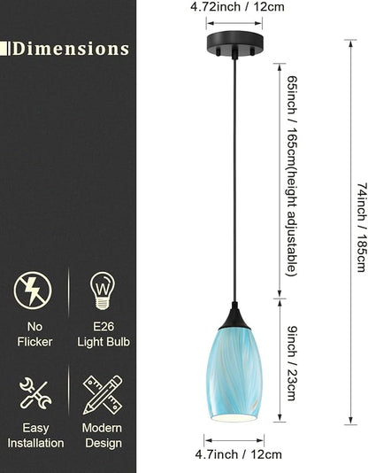 ANYLOVE Vintage Art Blue-Gold Pendant Lighting,3-Pack Hand Glass Hanging Light Fixture,Adjustable Cord for Kitchen,Hallway,Dining Room