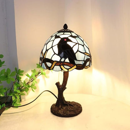 Bieye L12010 Raven Sitting on Bare Tree Branch in Full Moon Night Tiffany Style Stained Glass Table Lamp for Home Decor (Dark Blue, 8Wx14H)