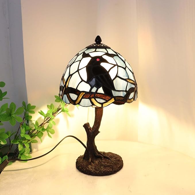 Bieye S12010 Raven Sitting on Bare Tree Tranch Against Full Moon Tiffany Style Stained Glass Lampshade (Dark Blue, 8Wx5.5H)