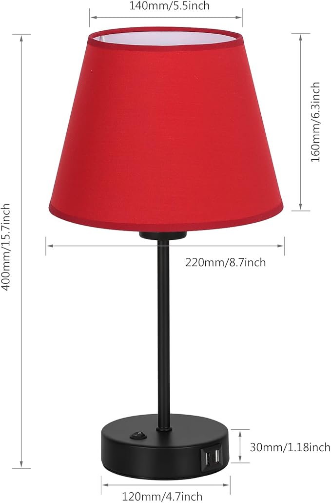 Table Lamps for Bedroom Set of 2, USB Bedside Lamps with Red Fabric Shade, Nightstand Lamps for Bedroom Living Room Study Room Office