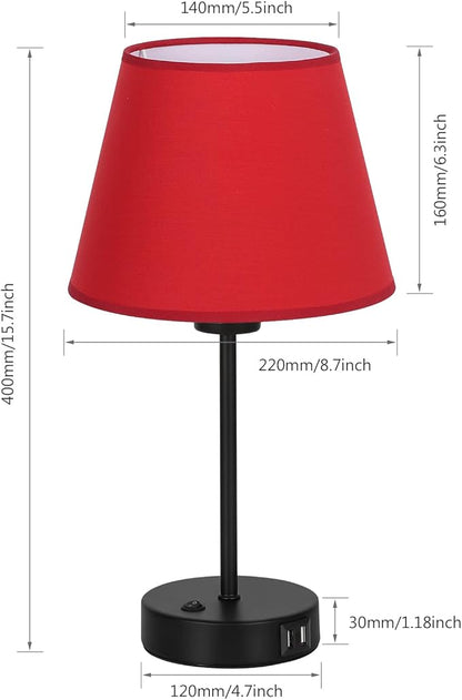 Table Lamps for Bedroom Set of 2, USB Bedside Lamps with Red Fabric Shade, Nightstand Lamps for Bedroom Living Room Study Room Office