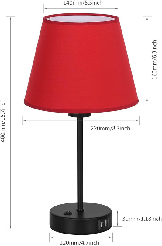 Table Lamps for Bedroom Set of 2, USB Bedside Lamps with Red Fabric Shade, Nightstand Lamps for Bedroom Living Room Study Room Office