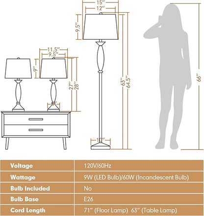 Tangkula 3-Piece Modern Lamp Set, 2 Table Lamps & 1 Floor Lamp with Weighted Base and Eye-Protecting Lamp Shade, Perfect for Bedroom & Living Room, 3 x E26 Bulbs Required (Nickel)