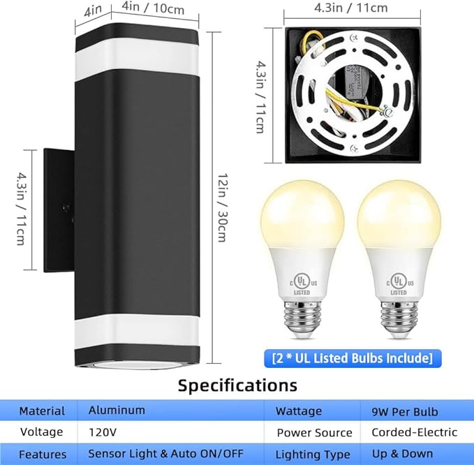 RAYVO Dusk to Dawn Outdoor Wall Light, Modern Up and Down Outdoor Light Fixture with Sensor, Waterproof Aluminum Wall Sconce for Porch Garage Patio, LED Bulbs Included, Black Finish