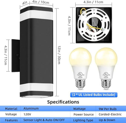RAYVO Dusk to Dawn Outdoor Wall Light, Modern Up and Down Outdoor Light Fixture with Sensor, Waterproof Aluminum Wall Sconce for Porch Garage Patio, LED Bulbs Included, Black Finish