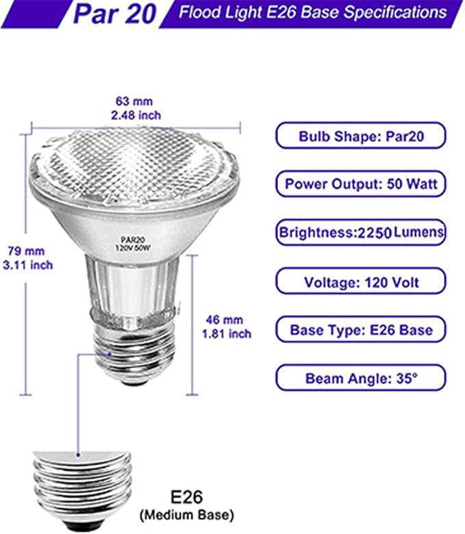 50W Par20 Halogen Flood Light Bulb 120V, 12 Pack Par20 Flood 50W 120V Halogen Bulb Warm White 2700K, Dimmable Reflector Par20/FL25 Bulb with E26 Base for Track Lighting, Recessed Can