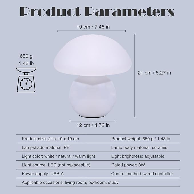 Cute Small Mushroom Lamp, PE Lampshade, Ceramic Spherical Base, Adjustable Light Color and Brightness, Safe USB Powered, Energy-Saving LED Mushroom Light for Bedroom Living Room (White)