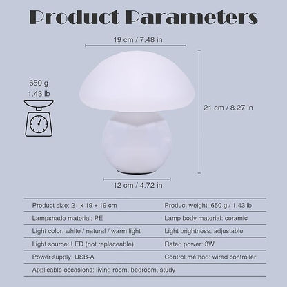 Cute Small Mushroom Lamp, PE Lampshade, Ceramic Spherical Base, Adjustable Light Color and Brightness, Safe USB Powered, Energy-Saving LED Mushroom Light for Bedroom Living Room (White)