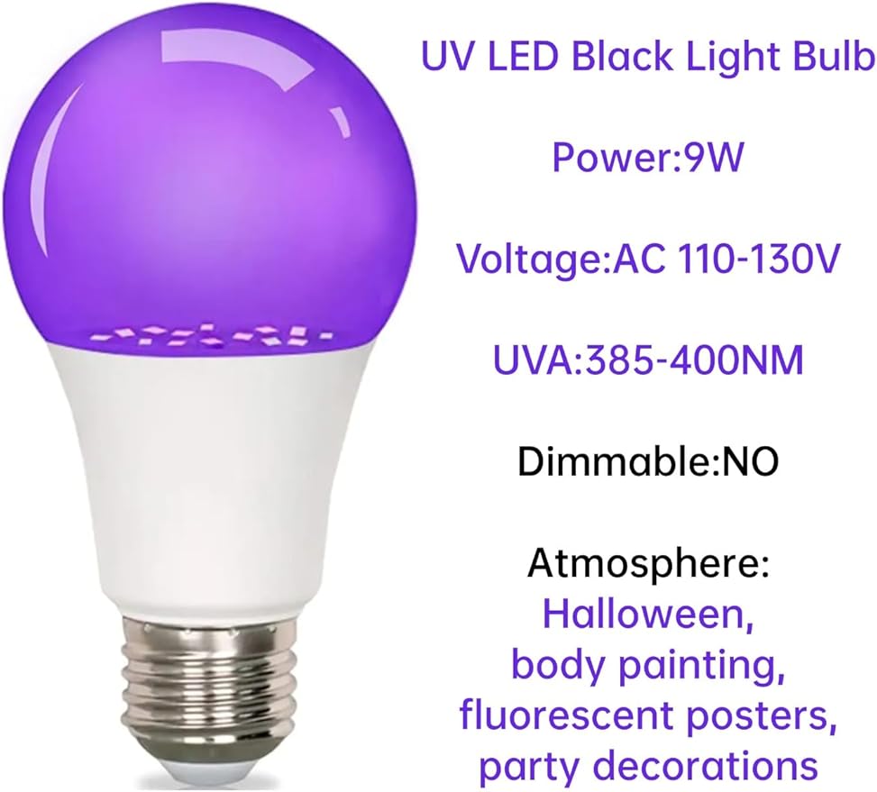 8-Pack LED Black Bulb, A19, UVA 385-400NM, 9W (100W Equivalent), E26 Head, Non-Dimmable, for Halloween Decorations, Glow Parties, Fluorescent Posters