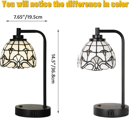 TL0020 Tiffany Table Lamp with 2 USB Charging Ports, Desk Lamp with White Baroque Stained Glass Lamp Shade, Retro Nightstand H 14.5" for Bedrooms Office Study, LED Bulbs Included (White)