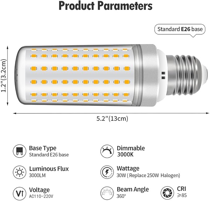 E26 LED Bulbs, 30W LED Light Bulbs Equivalent 250W, 3000K Sunset Color Warm Light, Not Dimmable,AC 110-220V, E26 Light Bulbs (2 Pack)