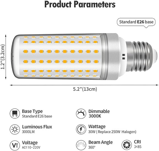 E26 LED Bulbs, 30W LED Light Bulbs Equivalent 250W, 3000K Sunset Color Warm Light, Not Dimmable,AC 110-220V, E26 Light Bulbs (2 Pack)