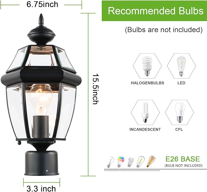 Kalium Outdoor Post Lights, 15" Lamp Post Light Fixture Waterproof Aluminum Housing with Glass, E26 Base Matte Black Lamp Posts Outdoor Lighting for Garden Patio Pathway Walkway （Pole not Included）