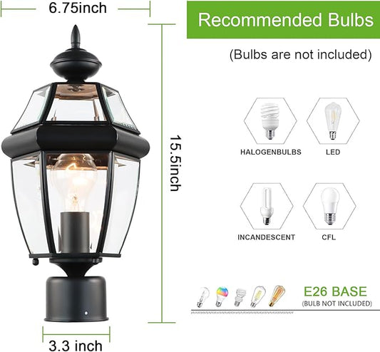 Kalium Outdoor Post Lights, 15" Lamp Post Light Fixture Waterproof Aluminum Housing with Glass, E26 Base Matte Black Lamp Posts Outdoor Lighting for Garden Patio Pathway Walkway （Pole not Included）