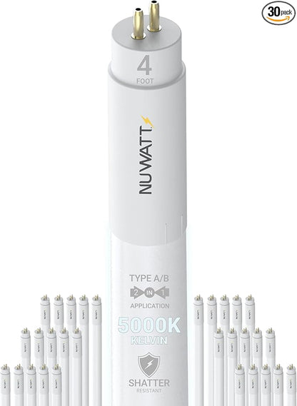 NUWATT 30 Pack, 4FT T5 LED Tube Lights Type A+B, Hybrid T5 LED Bulbs 5000K Daylight, High Brightness 3200LM 24W, Plug & Play or Ballast Bypass, Dual Ended Power, T5 Replacement for Fluorescent, UL, G5