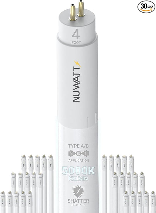 NUWATT 30 Pack, 4FT T5 LED Tube Lights Type A+B, Hybrid T5 LED Bulbs 5000K Daylight, High Brightness 3200LM 24W, Plug & Play or Ballast Bypass, Dual Ended Power, T5 Replacement for Fluorescent, UL, G5