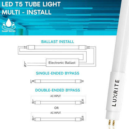 LUXRITE 30-Pack 4FT T5 LED Tube Lights, Type A+B, 24W=54W, 3000K Soft White, 45.78", Ballast and Ballast Bypass Compatible, Single or Double End Powered, F54T5 Fluorescent Replacement, Damp Rated