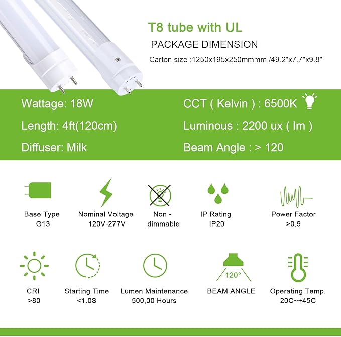 H&B Luxuries 4FT LED T8 Ballast Bypass Type B Light Tube, 18W, Single-Ended & Dual-Ended Connection, 2300LM, G13 Base,T8 T10 T12 Fluorescent Bulbs Replacement, UL & DLC - 6500K (4pcs)