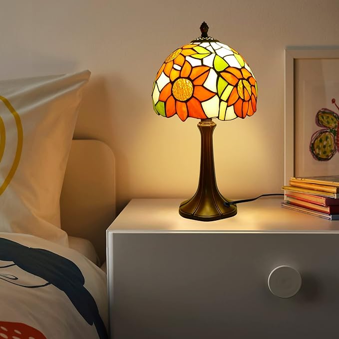 Tiffany Style Lamp Sunflower Vintage Table Lamp Small Lamps Stained Glass Lamp Tiffany Lamps for Bedroom 8" Wide 15" Tall for Living Room Home Office with LED Bulb