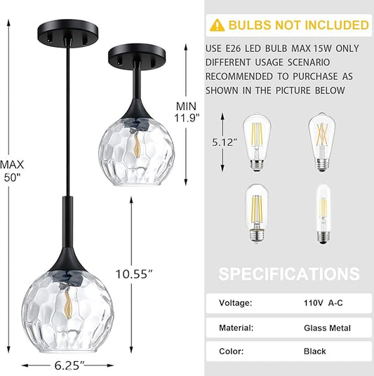 Doraimi Lighting 6.3" Texture Glass Pendant Light 3 Pack Pendant Ceiling Light Fixtures Black Finish Modern Farmhouse Dinning Over Sink Adjustable Height Rod