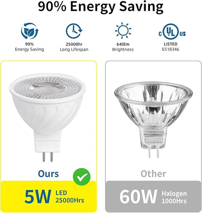 MR16 LED Bulb 50W Halogen Equivalent,2700K Warm White,5W MR16 GU5.3 12-36V AC&DC Spotlight Bulb,38° Beam Angle for Landscape,Dimmable,12-Pack.