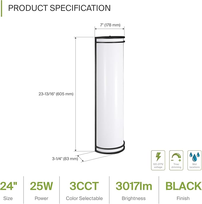ASD 24 Inch LED Outdoor & Indoor Wall Mount Light Fixture - Matte Black Modern Wall Sconce Lighting - 25W 120-277V 3000K 4000K 5000K Adjustable Dimmable Front Door & Patio Exterior Lights - ETL