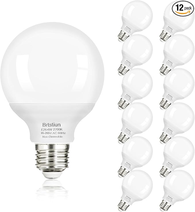 G25 LED Light Bulbs, Round Vanity Light Bulbs for Bathroom, 40W Equivalent, Soft White 2700K, E26 Base 600LM, Non-Dimmable, 12-Pack