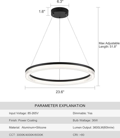 Modern Black Led Pendant Light,36W Dimmable LED Chandelier Lighting Fixture, 1 Ring Circular Hanging Led Pendant Lighting for Living Room Dining Room Kitchen Island Foyer Office