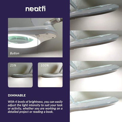 Neatfi 1,200 Lumens Super LED Magnifying Lamp with Clamp, Dimmable, Includes Microfiber Cleaning Cloth, 5 Inch Diameter Lens for Reading, Sewing, Crafting (White, 5 Diopter)