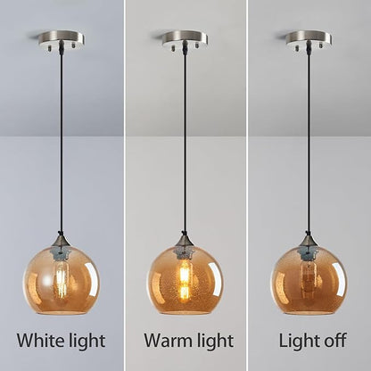 Amber Glass Pendant Lights Kitchen Island Lighting Globe Pendant Light Fixtures Modern Pendant Lighting for Bedroom Living Dining Room Light Fixture (7.87 in, 2 Pack)