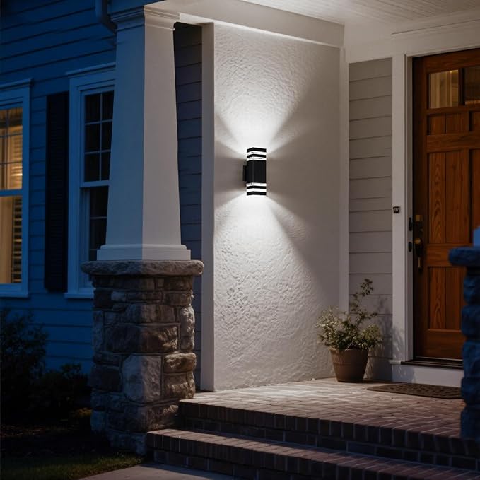 Motion Sensor Outdoor Wall Lights, Cold Light with PIR Body Sensor, Black Aluminum Up & Down Porch Sconce, GU10 LED Bulbs Included, ETL Listed, Dusk to Dawn Garage & Garden Lighting Fixture