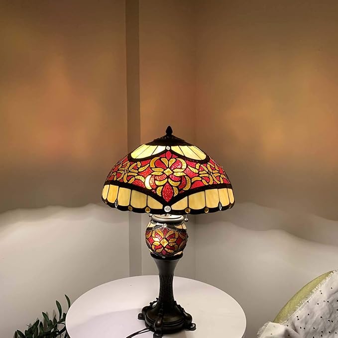 Bieye L10802 Baroque Tiffany Style Stained Glass Table Lamp Lighted Base for Living Room Bedside Home Decoration (16-inch, Red)