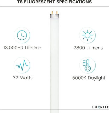 LUXRITE 30-Pack F32T8/850 32W 48 Inch T8 Fluorescent Tube Light Bulb, 5000K Bright White, 2800 Lumens, G13 Medium Bi-Pin Base, LR20734