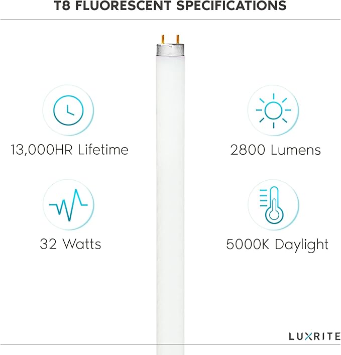 LUXRITE 48 Inch T8 Fluorescent Tube Light Bulb, F32T8/850, 32W, 5000K Bright White, 2800 Lumens, G13 Medium Bi-Pin Base, 4-Pack