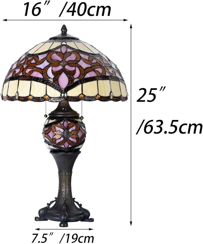 Bieye L10912 Baroque Tiffany Style Stained Glass Table Lamp Lighted Base for Living Room Bedside Home Decoration (Pink, 16-inch)
