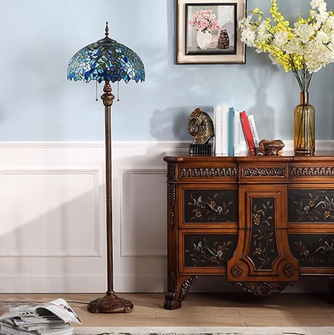 Blue Glass Tiffany Floor Lamp Baroque Vintage Standing Lamp with Pull Chain Traditional Stained Glass Floor Standing Reading Light for Living Room Bedroom Home Office Farmhouse