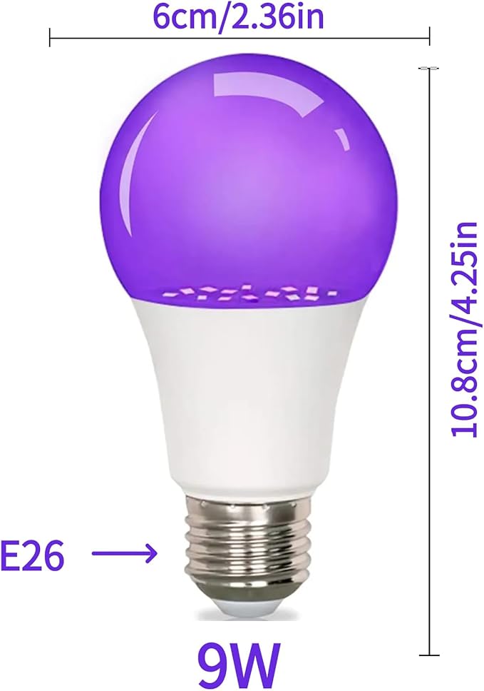 4 Pack LED Black Light Bulb 9W, UV Blacklight Bulb Replace 100W, 385-400nm,A19,E26 Base 120V, Party Glow Decor,Blacklights Bulbs Non-Dimmable