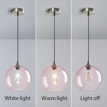 Pink Glass Pendant Lights Kitchen Island Globe Pendant Light Fixtures Modern Pendant Lighting for Bedroom Living Dining Room Light Fixture (9.84 in, 3 Pack)