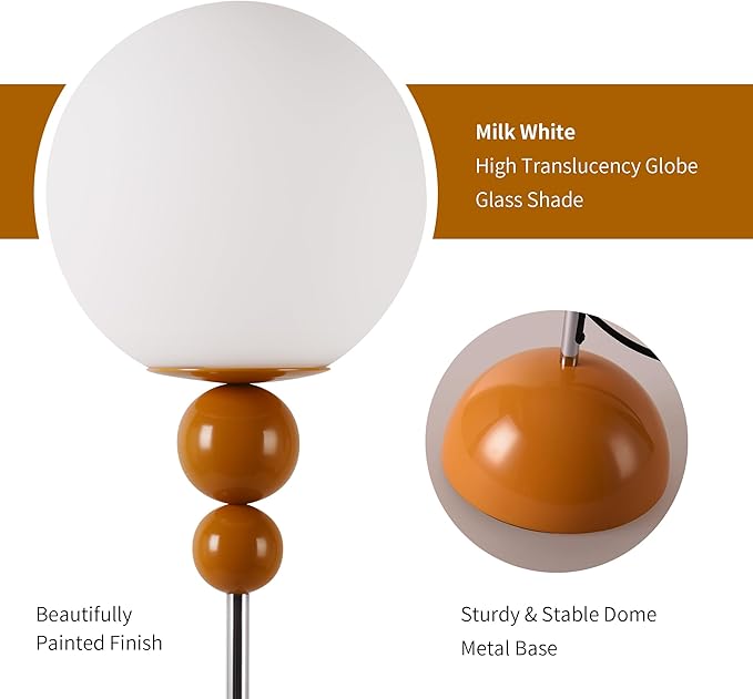 Modern Glass Floor Lamp for Bedroom, 63'' Vintage Mid-Century Floor Lamp with Milky White Frosted Glass Globe Shade for Living Room Corner, Slim Standing Reading Lamp for Office Decor (Signal Brown)