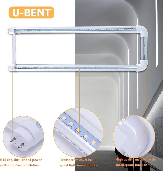 20-Pack T8 U Bend LED Tube Light 2FT 24W (60W Equivalent) U Shaped Bulb 6000K Daylight White 2640lm for Fluorescent Replacement, Dual-End Powered