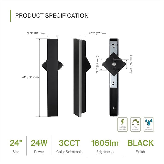 ASD LED 24" Long Wall Mount Light Fixture, Outdoor & Indoor Linear Sconce | 3CCT, Dimmable, Waterproof, Anti-Rust, ETL Listed | 24W 1500LM 3000-5000K 100-277V | Exterior Porch Lighting | Black, 2 Pack