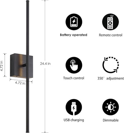 Battery Operated Wall Sconces with Remote Control, Dimmable Wall Sconces Set of Two, 350°Rotate, 3000K LED Black Wireless Wall Light for Living Room, Hallway, Bedroom, 24.4 Inch (2 Pack)