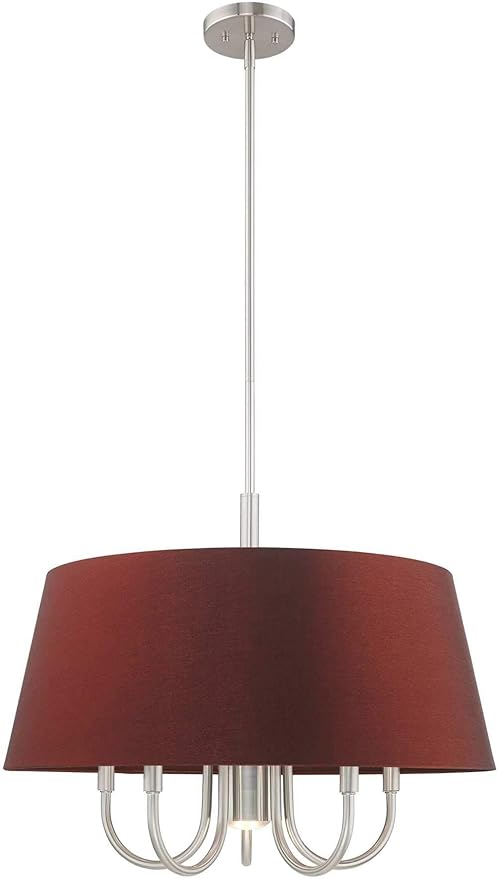 Livex Lighting 52905-91 Belclaire - Six Light Chandelier, Brushed Nickel Finish with Red Wine Fabric Shade