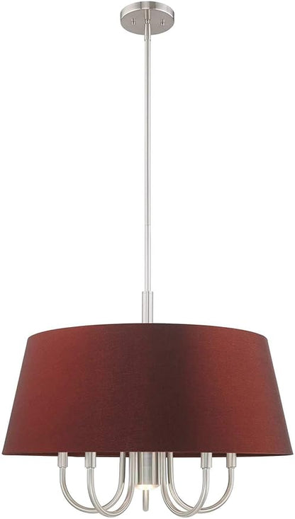 Livex Lighting 52905-91 Belclaire - Six Light Chandelier, Brushed Nickel Finish with Red Wine Fabric Shade