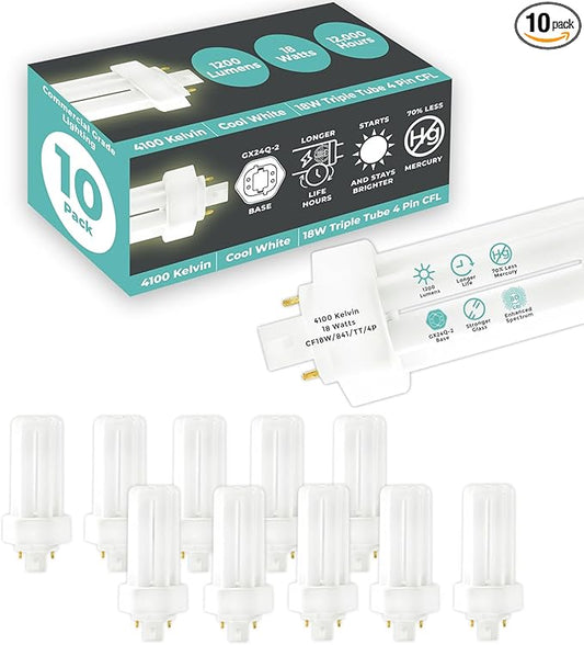 GoodBulb 18 Watt CFL Light Bulbs 4 Pin GX24Q-2 Base 4100K Cool White 18W High Output 1200 Lumens Triple Tube Compact Fluorescent Light Bulbs Plug-in 10 Pack
