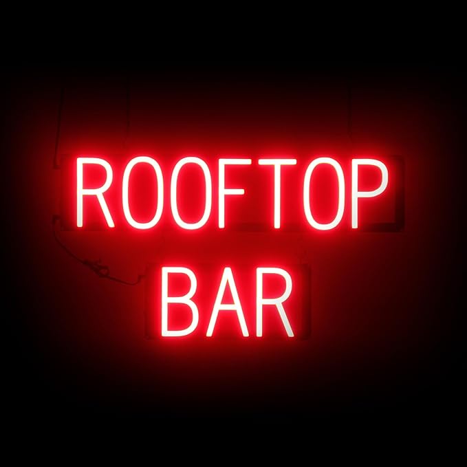 SpellBrite ROOFTOP BAR Sign | Location-Related Sign with Neon Look, Red LED Light Source | 27.8" x 15.0"