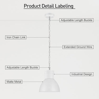 BoostArea White Pendant Lights Kitchen Island, 10.6" Large Metal Shade and 70.9'' Adjustable Height, Modern Pendant Lighting Fixtures,Farmhouse Hanging Pendant Light for Kitchen Island/Bar,No E26 Bulb
